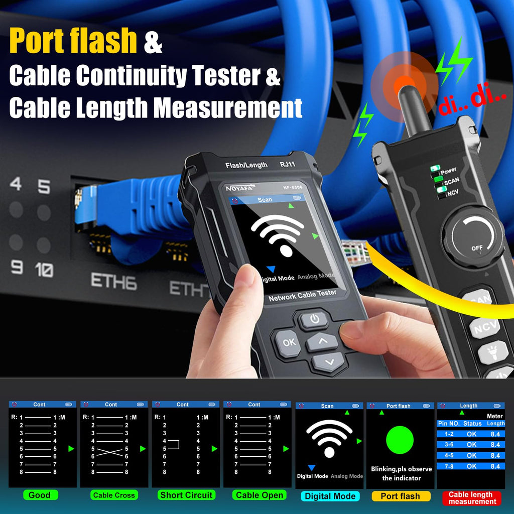 NF-8506 Network Cable Tester with IP Scanne Network Rate Test,/NCV POE/Ping/TDR CAT5 CAT6,Network Tester Cable Toner for RJ11 RJ45 LAN Ethernet Cable Tester Telephone Cable Finder Network Tool