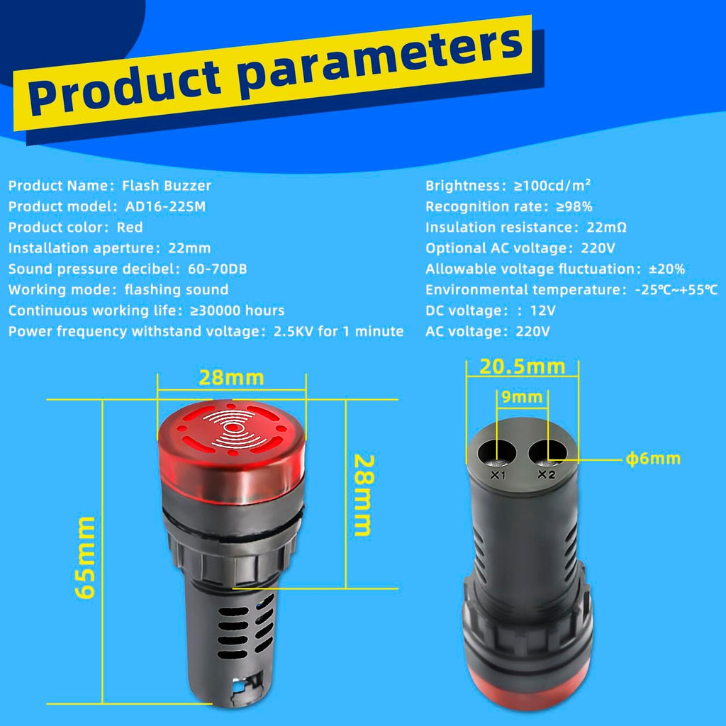 Indicator Light 12V Buzzer，10PCS 22mm Red LDE Flashing Buzzer AC/DC 12V Alarm for Electrical Control Panel
