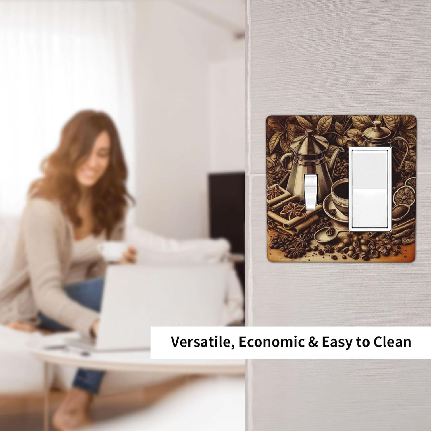Decorative Outlet Covers Vintage Coffee Beans Leaf Cup 2 Gang 1 Gang Wall Plate Cover Single Toggle Rocker Combo Light Switch Cover Plate Face Plate for Kitchen Decor