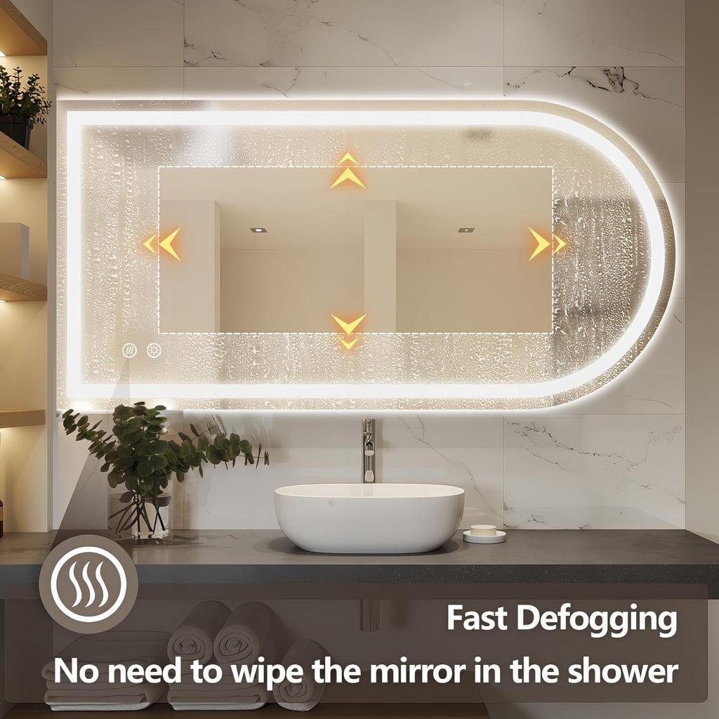 Niccy Arched LED Mirror for Bathroom, 55x30 Vanity Mirror with Light Frameless Bathroom Mirror, Smart Lighted Frontlit Mirrors with Memory Function for Bathroom Bedroom Beauty Hair Salon