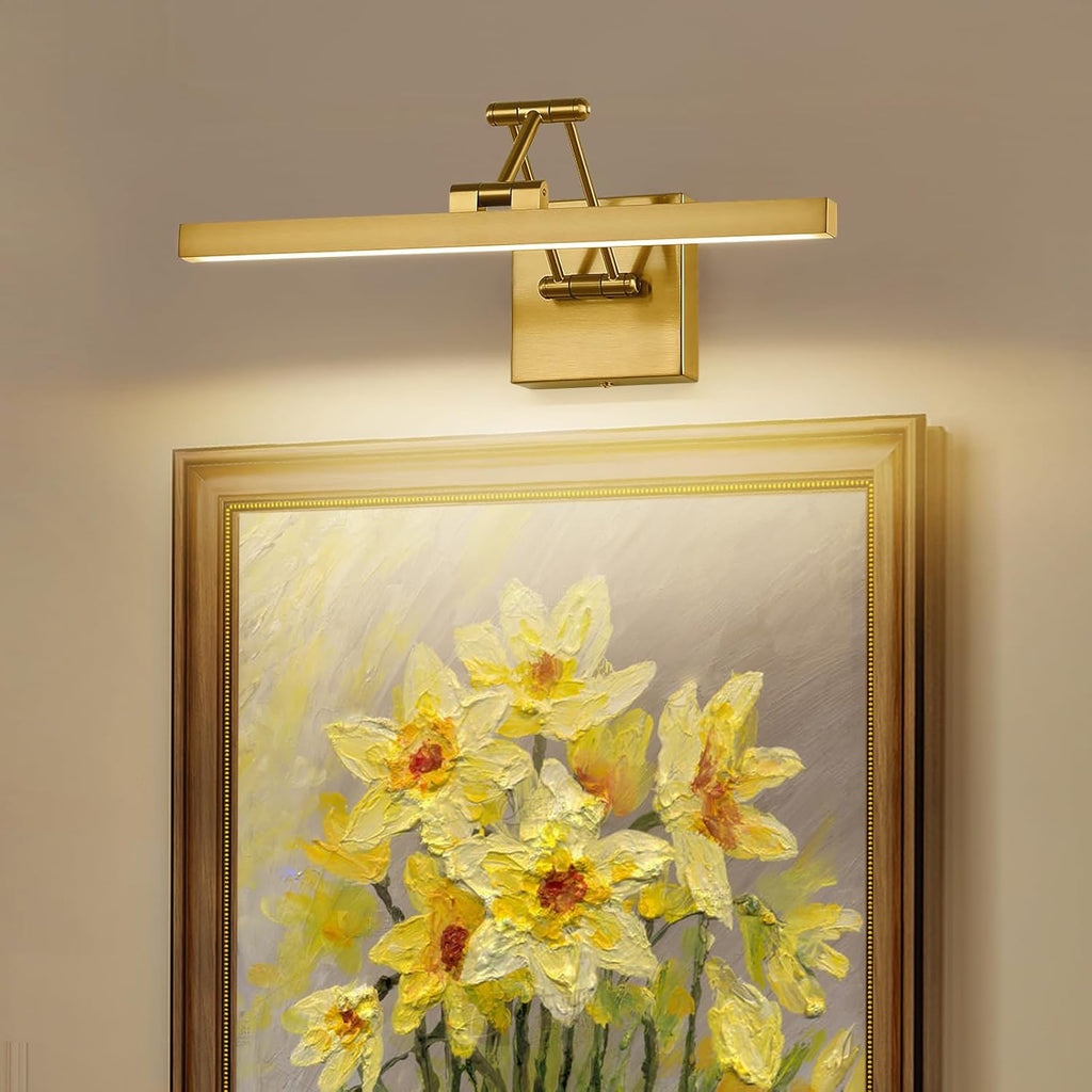 Hard-Wired Picture Light Dimmable LED Picture Lights for Paintings 15.7" Inch Brass Metal Body Wall Pictures with Adjustable Gold Swing Arm Art Display Lamps 7W 3000K Warm White Book Light