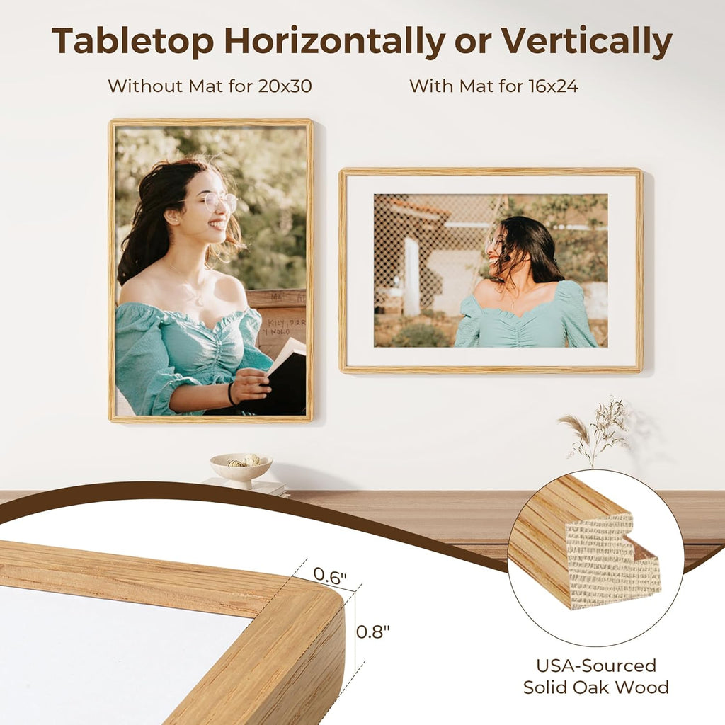 20x30 Picture Frame, 20 x 30 Poster Frame - Solid Oak Wood, 20 by 30 Frame with Tempered Glass, 20"x30" Wood Frame with Mat for 16"x24", Minimalist 20x30 Frames for Wall, Natural Oak Color, 1 Pack