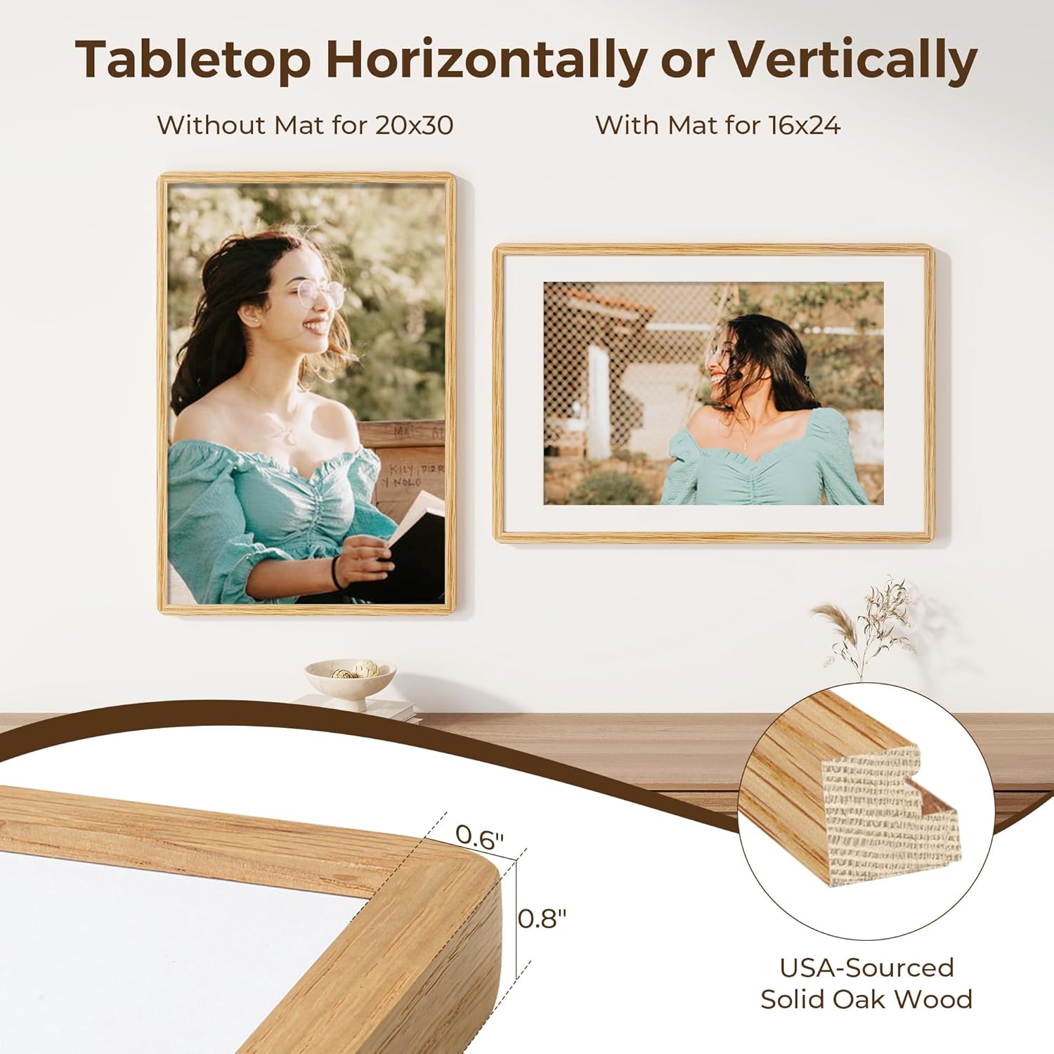 20x30 Picture Frame, 20 x 30 Poster Frame - Solid Oak Wood, 20 by 30 Frame with Tempered Glass, 20"x30" Wood Frame with Mat for 16"x24", Minimalist 20x30 Frames for Wall, Natural Oak Color, 1 Pack