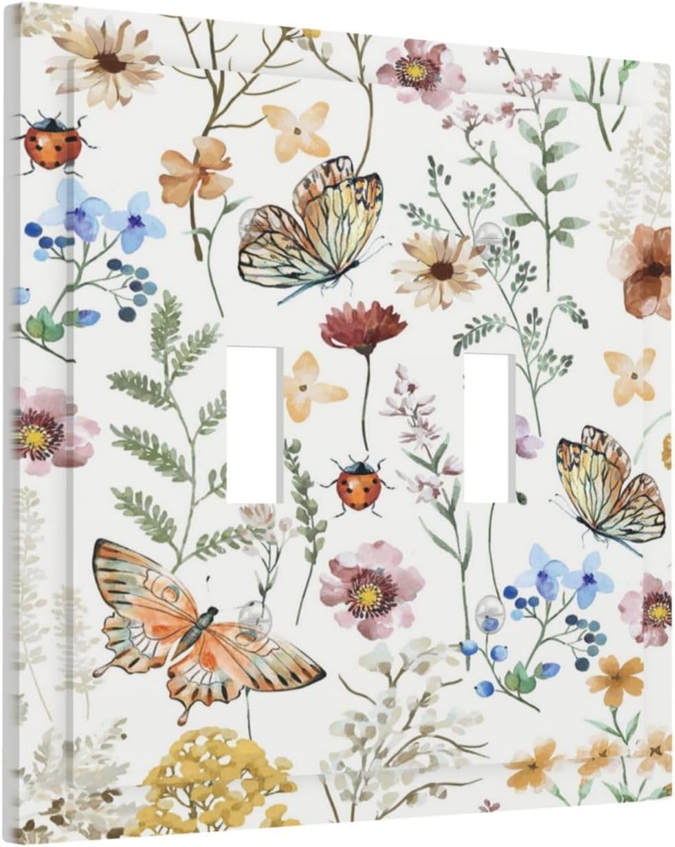 Decorative Light Switch Cover Boho White Background Butterfly Rustic Flower Double Toggle Personalized Wall Plate Switchplate 2 Gang Switchcovers Decora Light Switch Plate