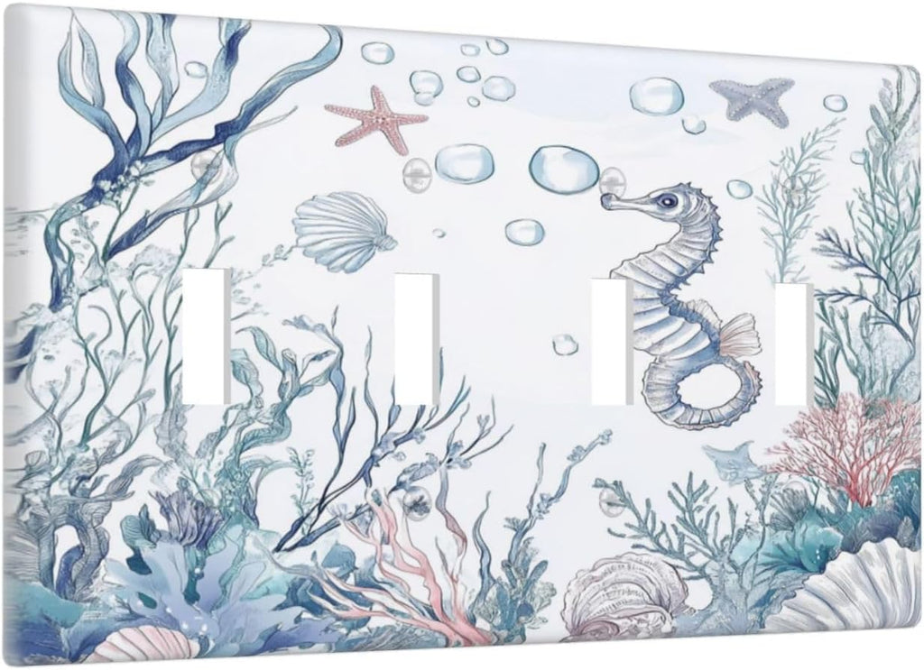 Light Switch Covers Ocean Coral Seahorse Seashell Starfish Quad Toggle Electrical Faceplate 4 Gang Wall Plate Decorative Switch Plates For Bathroom Home Decor
