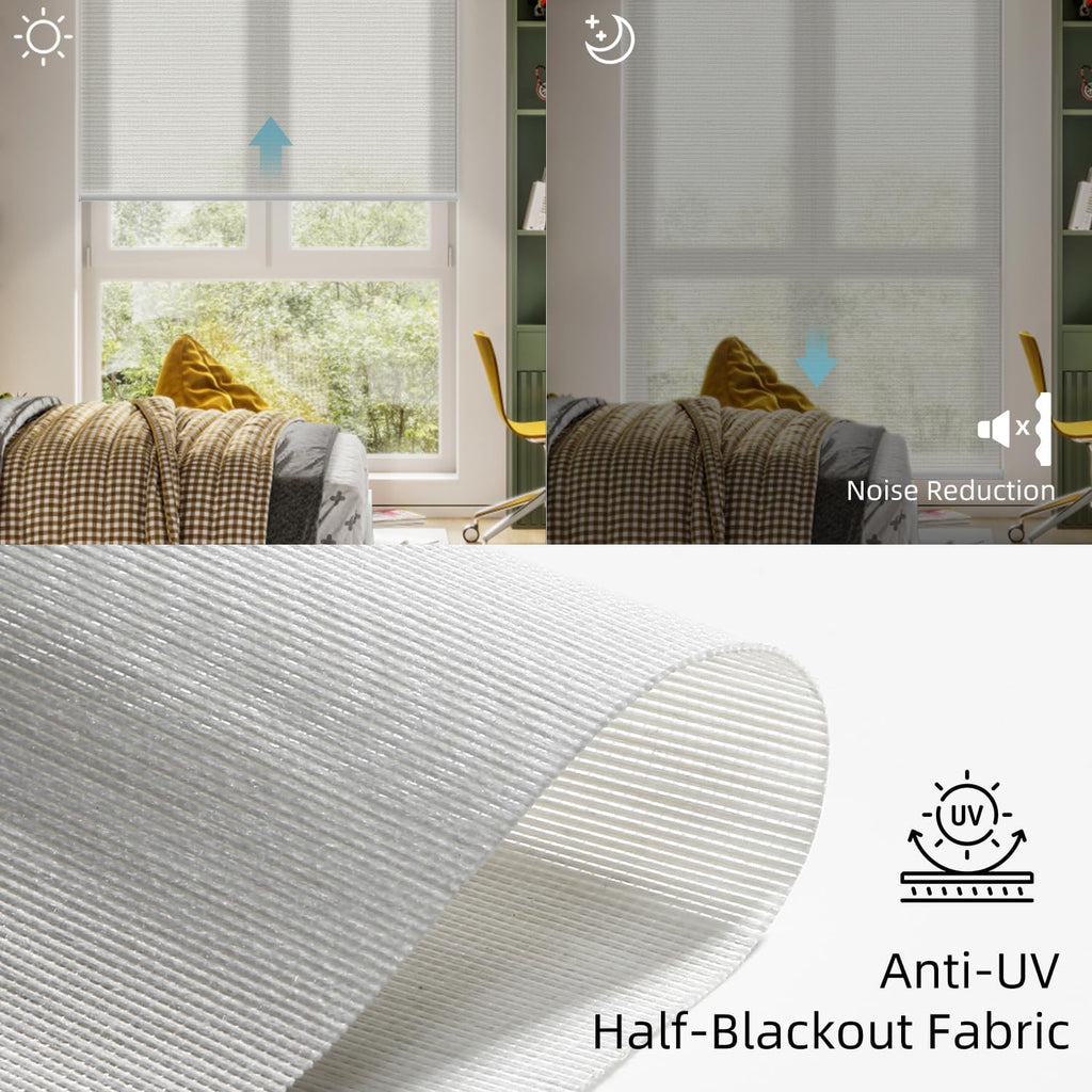 SmartWings Motorized Light Filtering Shades, Work with Matter Homekit Z-Wave Zigbee Alexa Google, 50% Blackout PVC Free Smart Blinds for Windows Cordless Window Shades with Remote Customized, Pearl