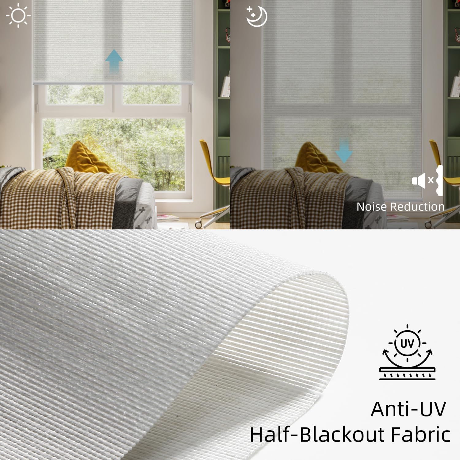 SmartWings Motorized Light Filtering Shades, Work with Matter Homekit Z-Wave Zigbee Alexa Google, 50% Blackout PVC Free Smart Blinds for Windows Cordless Window Shades with Remote Customized, Pearl