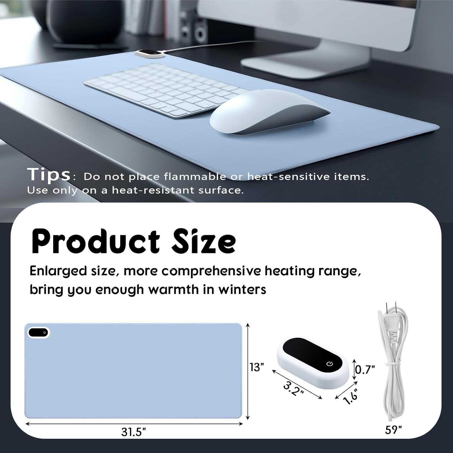 Konohan Heated Large Desk Mat PU Leather Warm Mouse Pad with 5 Heating Level & 4 Hour Auto Shut-Off Heating Keyboard Pad Warmer Gaming Mice Mat Only Supports 110v(Gray-Blue Color,31.5" X 13")