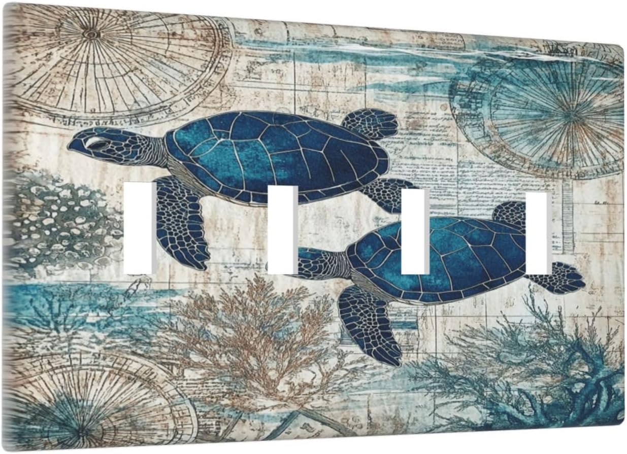 Blue Green Sea Turtle Tropical Ocean Coral Nautical Map Light Switch Covers Quad Toggle Electrical Faceplate 4 Gang Wall Plate Decorative Switch Plates For Bed Room Bathroom Decor