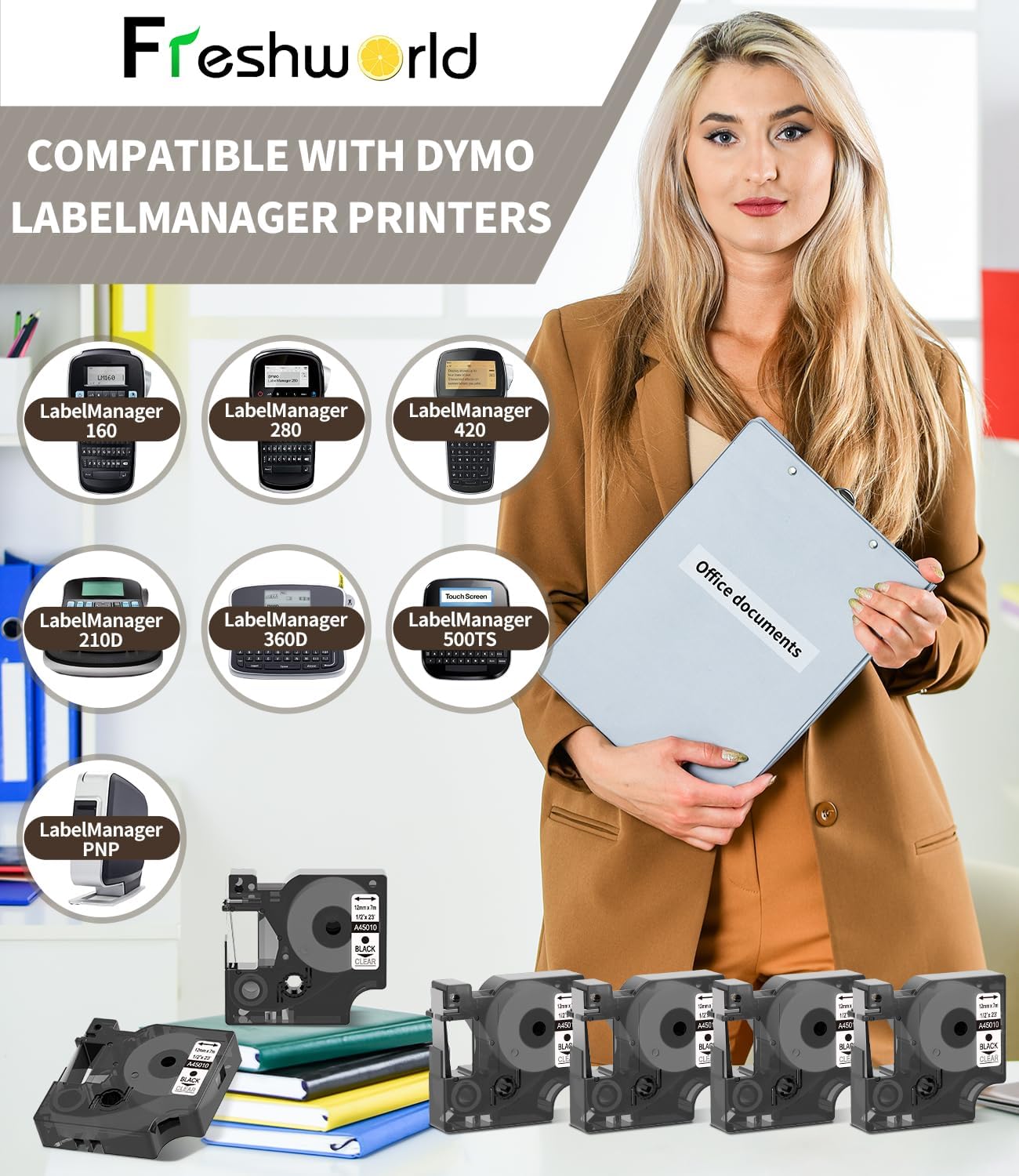 Freshworld Compatible with Dymo Label Maker Refills d1 Replace for Dymo D1 Label Tape 45010,Black on Clear,1/2 In x 23 Ft,for LabelManager 160 210D 260P 280 360D 420P PnP 220P 260P 500TS 450DUO,6-Pack