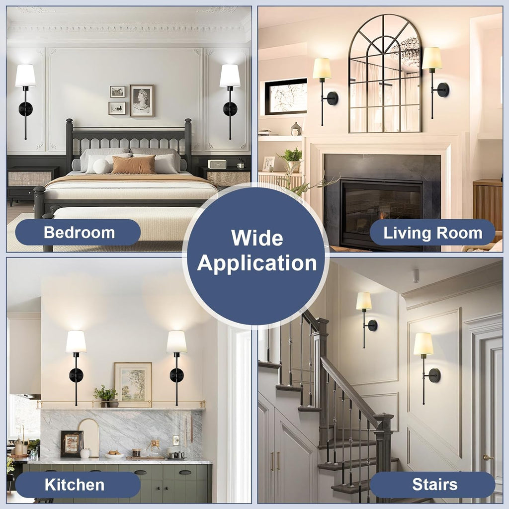 Depuley Battery Operated Wall Sconce: Rechargeable Wall Lamp Set of 2 with Remote and Dimmable Bulb for Home Decor - Wireless Wall Lights with 15 Colors for Bedroom E26 Base Fabric Shade Black
