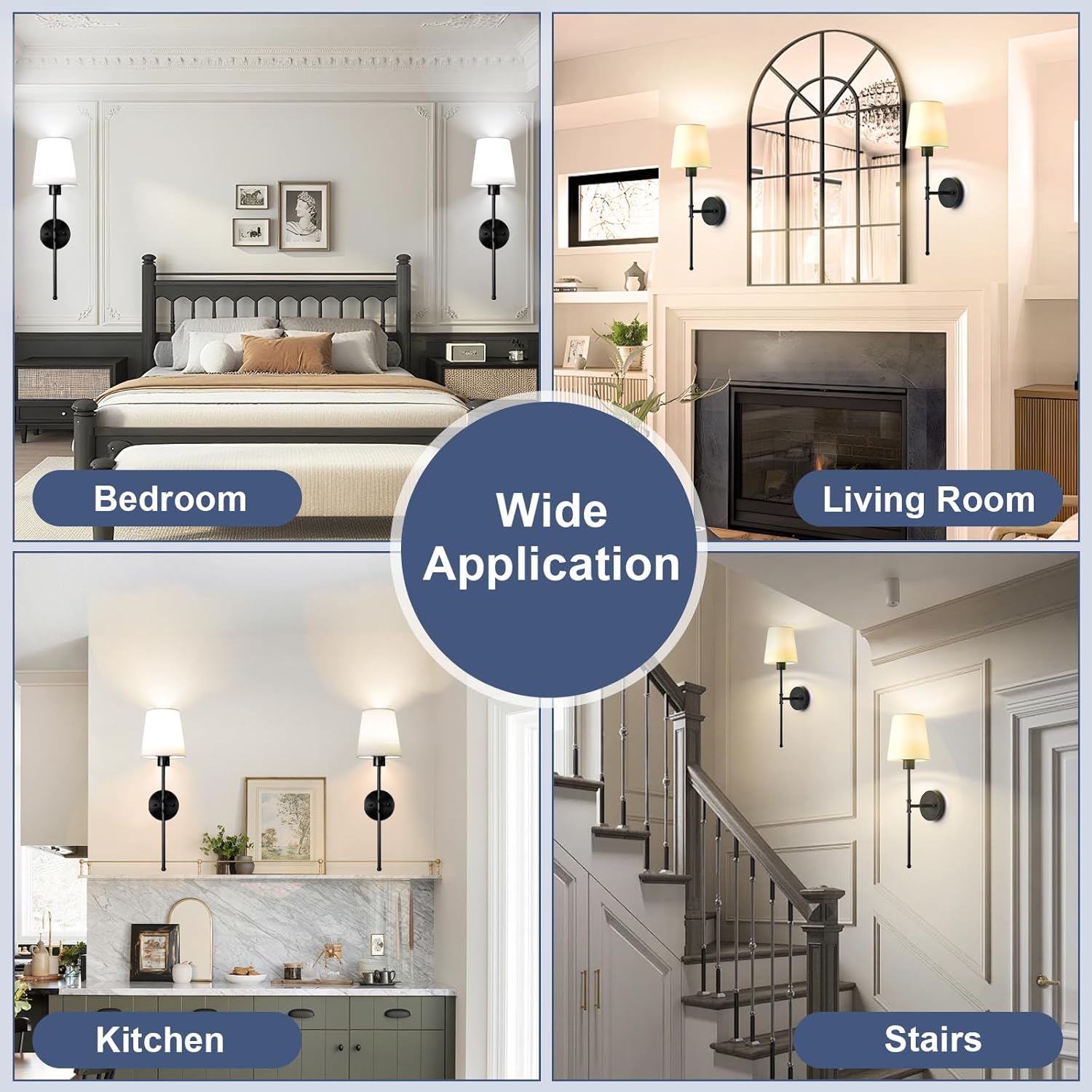 Depuley Battery Operated Wall Sconce: Rechargeable Wall Lamp Set of 2 with Remote and Dimmable Bulb for Home Decor - Wireless Wall Lights with 15 Colors for Bedroom E26 Base Fabric Shade Black