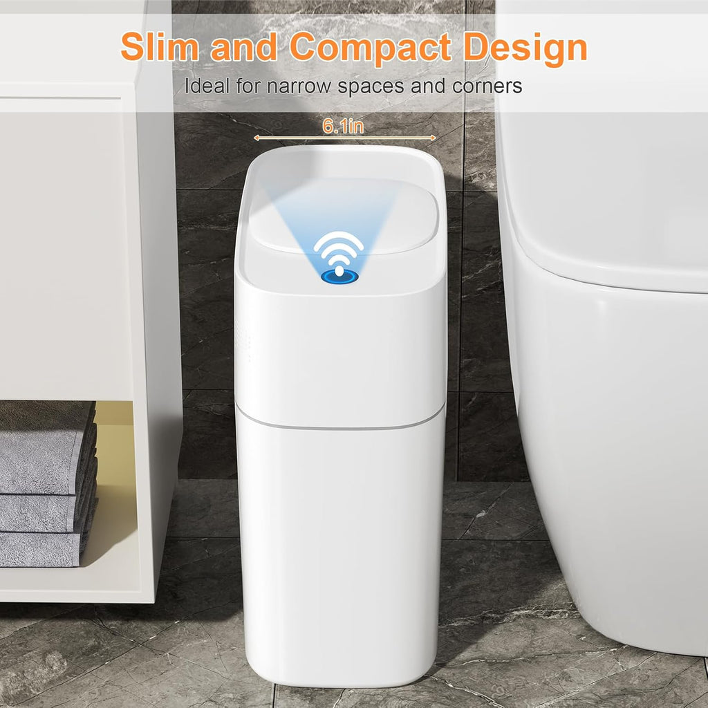 MOPALL Automatic Motion Sensor Bathroom Trash Can with Lid, 3 Gal Touchless Trash Can Auto-Adsorption Garbage Can, Slim Smart Trash Bin Waterproof Waste Basket for Bedroom, Kitchen, Office, Toilet, RV