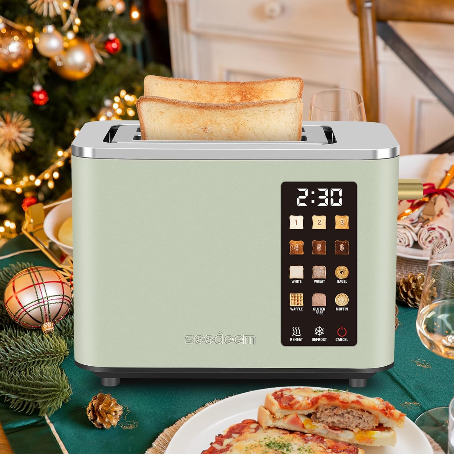 SEEDEEM Toaster 2 Slice, Touch Control Screen, Smart Stainless Toaster, 6 Shade Setting, 6 Bread Selection, Countdown, Removable Crumb Tray, 900W, Mint Green