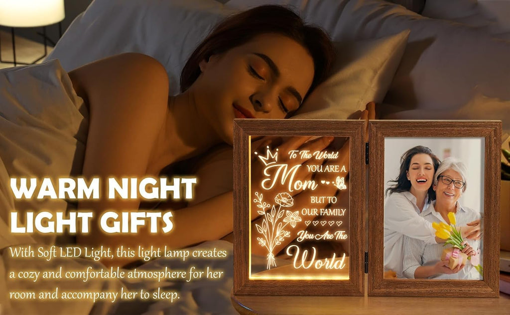 Tiblue Christmas Gifts for Mom from Daughter Son Best Mom Gifts Unique, Engraved Night Light with Mother Picture Frame 5x7, Solid Wood New Mama Mothers Day Gift for Mother-in Law Wife