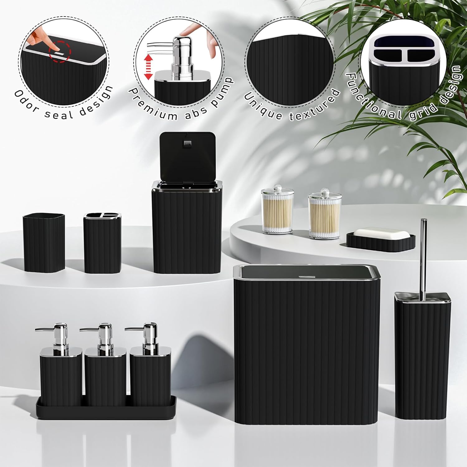 Bathroom Accessory Set - Bathroom Set, 27PC Bathroom Accessories Set, Black Bathroom Sets with Shower Curtain and Rugs, Mini Trash Can, Toilet Brush, Trash Can & Soap Dispenser
