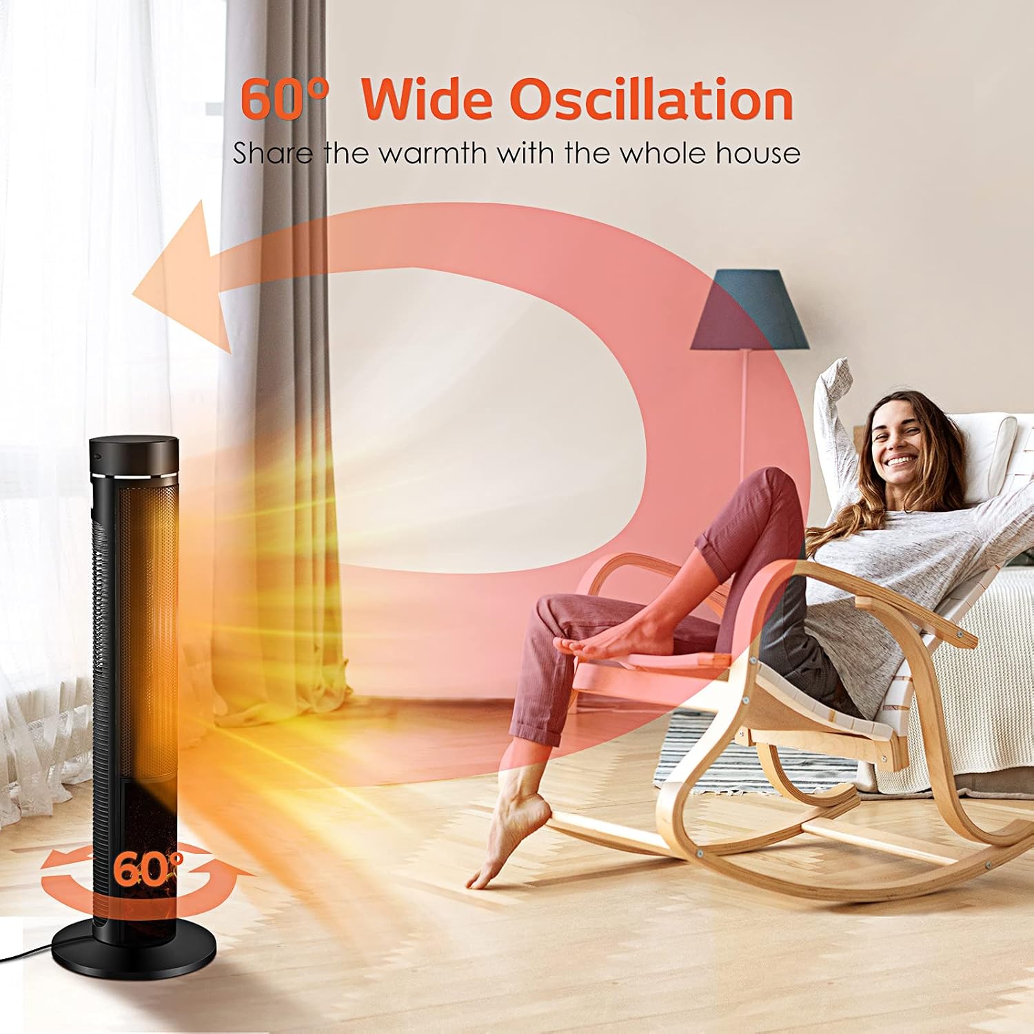 Air Choice 36" Tower Space Heater for Large Room, 1500W PTC Electric Fireplace Heater, Adjustable Thermostat, 4 Modes, 3D Flame,12H Timer, Oscillation, Remote, Heater for Indoor Use, Bedroom, Office