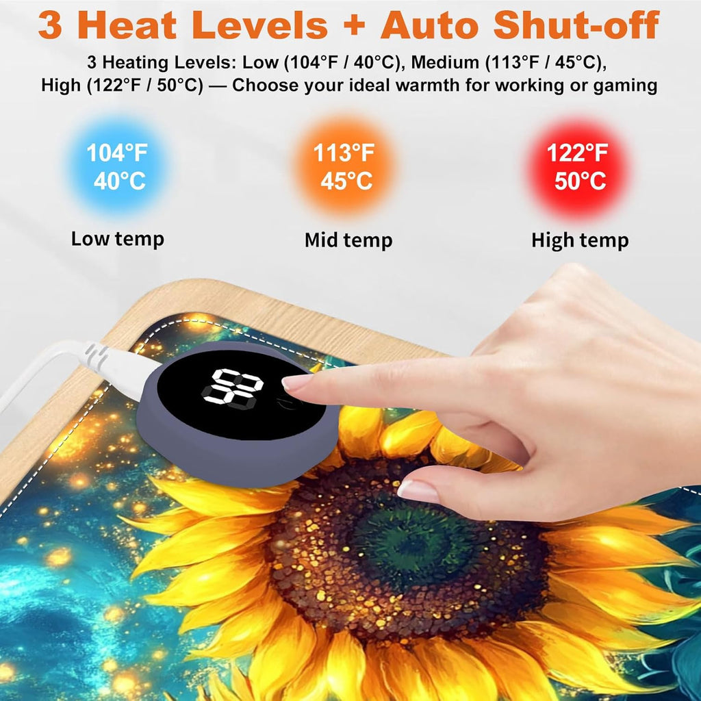 Small Heated Desk Pad 23.6" x 14.2" – Compact Electric Mouse Pad with 3 Heating Levels, Auto Shut-Off, Waterproof PU Surface, Plug-in Warmer for Office or Home Use, Starry Sunflowers