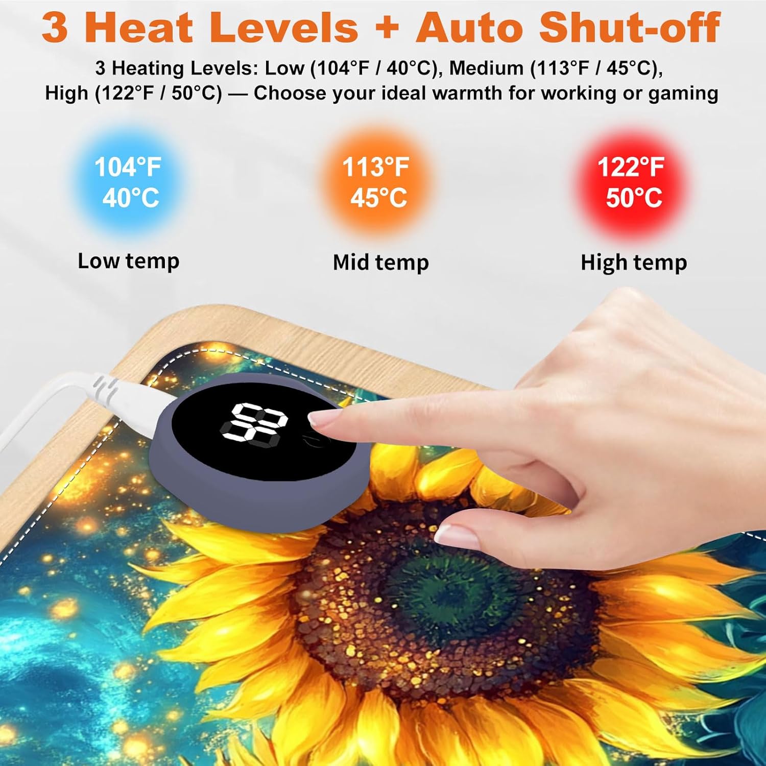 Small Heated Desk Pad 23.6" x 14.2" – Compact Electric Mouse Pad with 3 Heating Levels, Auto Shut-Off, Waterproof PU Surface, Plug-in Warmer for Office or Home Use, Starry Sunflowers