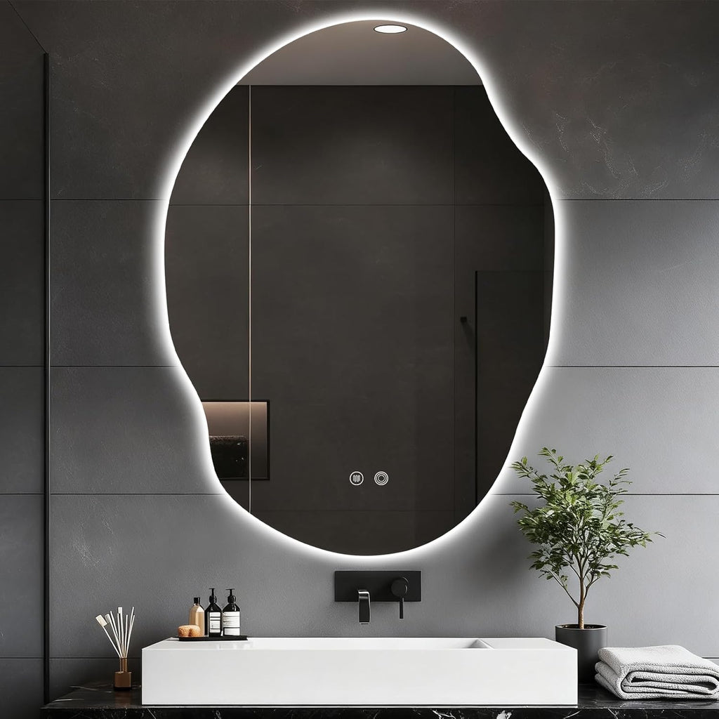 Asymmetrical Bathroom Mirror with Lights,Irregular LED Bathroom Vanity Mirror with Backlit,Anti-Fog,3 Colors and Dimmable Light with Memory,Hardwired Supported[Horizontal/Vertical] 40" H x 30" W
