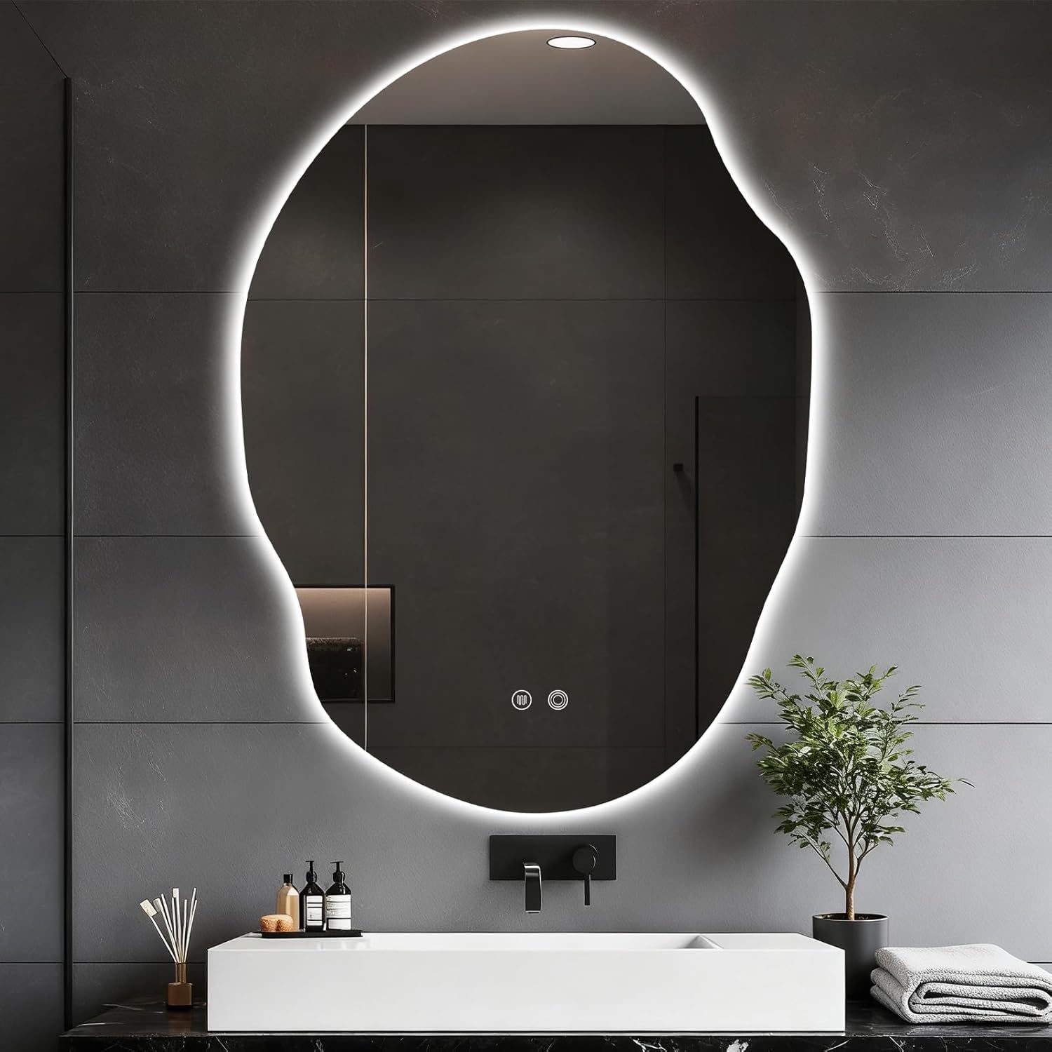 Asymmetrical Bathroom Mirror with Lights,Irregular LED Bathroom Vanity Mirror with Backlit,Anti-Fog,3 Colors and Dimmable Light with Memory,Hardwired Supported[Horizontal/Vertical] 40" H x 30" W