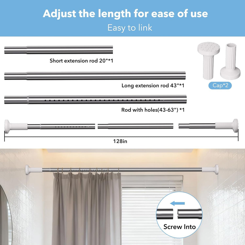 Tension Curtain Rod 51–128 In (4.25–10.67 ft),Extra Long Outdoor Curtain Rod for Window or Bathroom Patio,Easy to Install No Drilling Never Rust,Heavy Duty Adjustable Spring Shower Rod