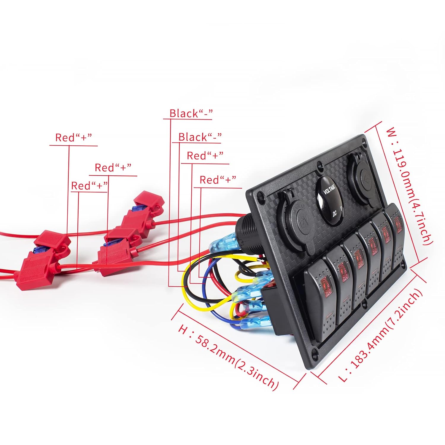 6 Gang Rocker Switch Panel, LED Digital Voltmeter with 3.1A Dual USB Charger, 12/24V Wired Toggle Switch Panel for Automotive Cars Marine Boats RVs Red