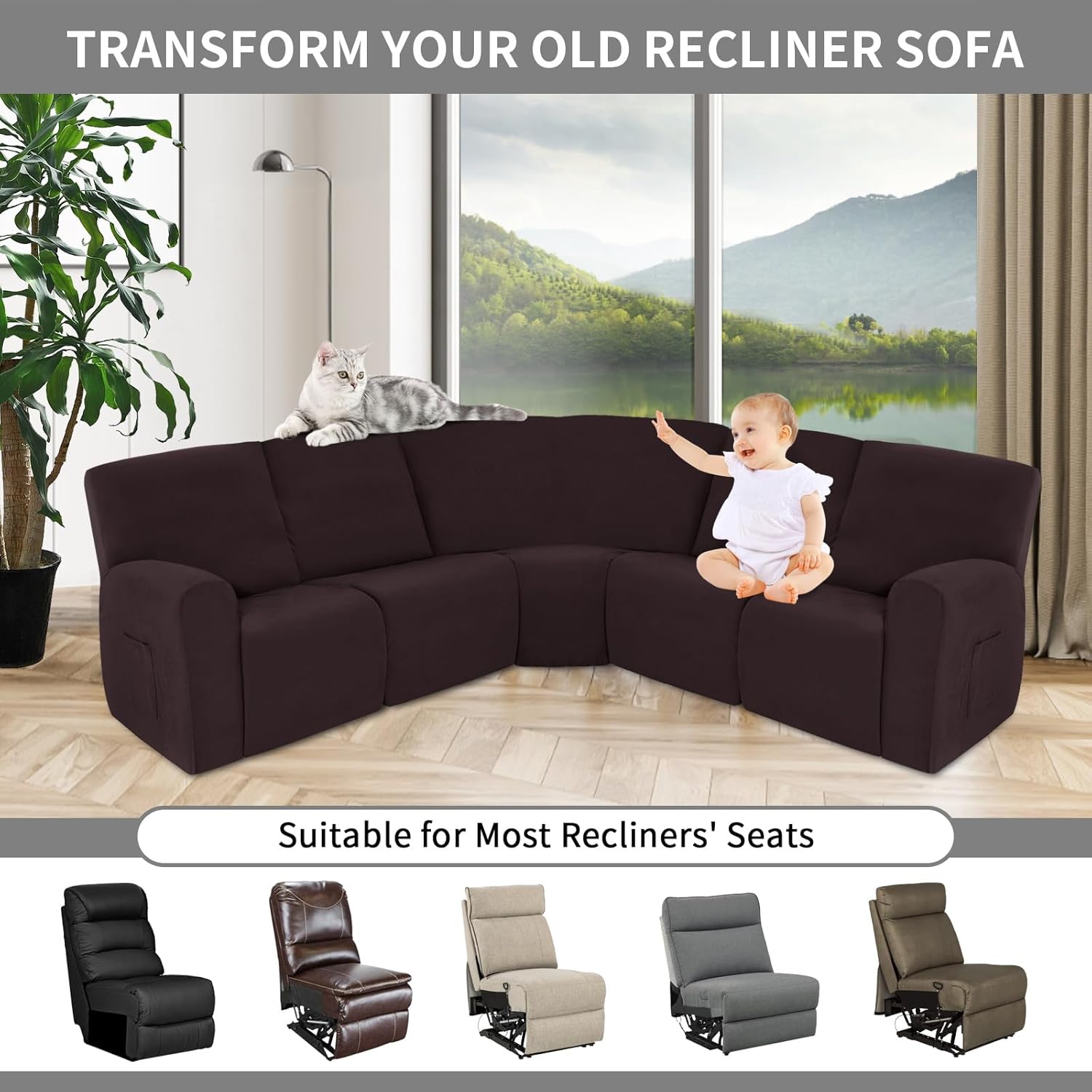 Easy-Going 100% Waterproof Recliner Cover Additional Seat Cover for Reclining Couch, Stretch Sofa Covers Washable Furniture Protector for Kids & Pets, 1 Seat, Chocolate