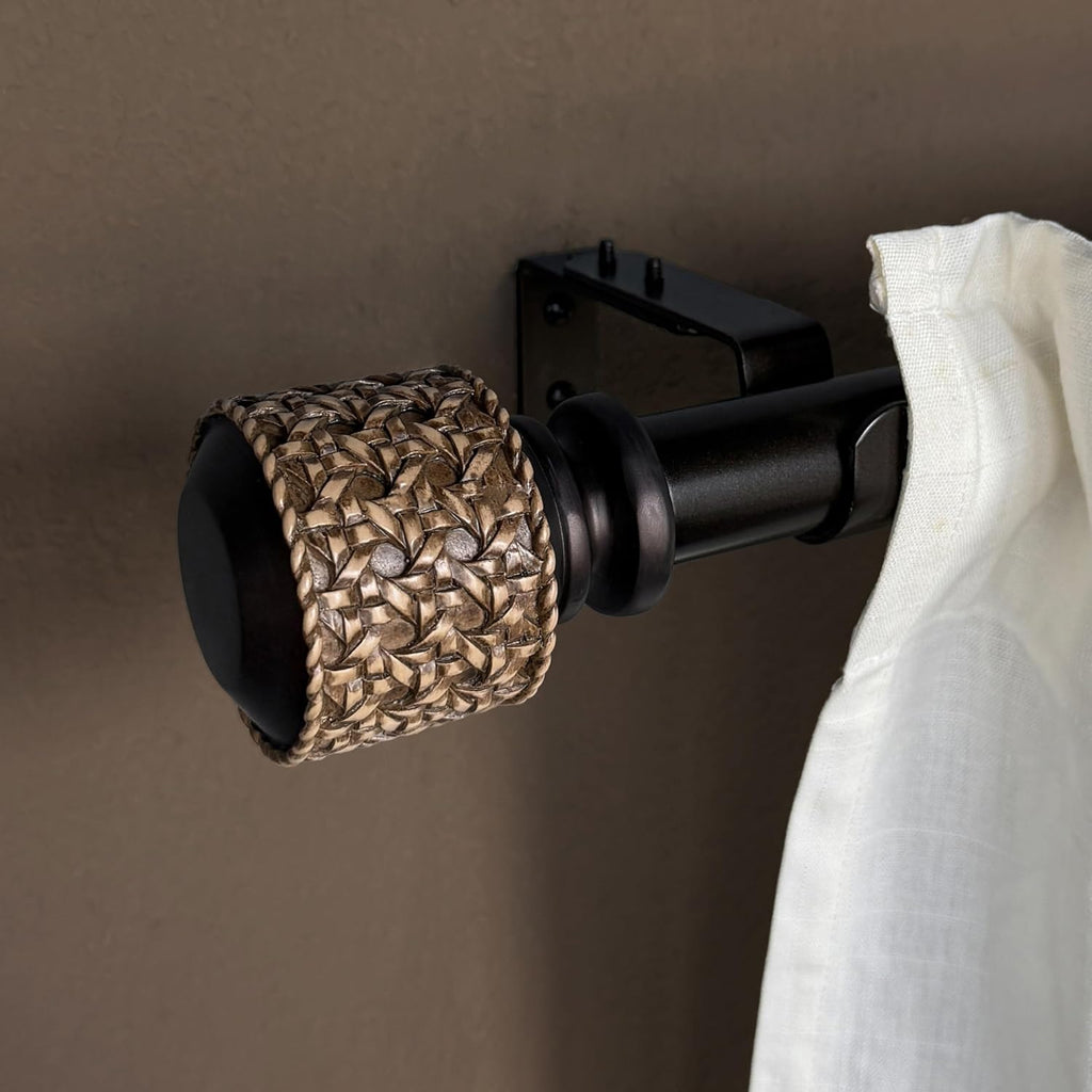 1-1/8 Inch Diameter Dark Bronze Curtain Rods with Faux Rattan Cane Woven Finials, 36-72'' Telescoping Single Curtain Rods for window width 24-68 inch, 1 pack