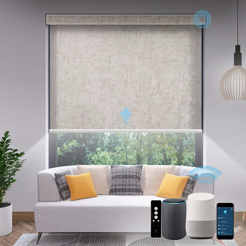 SmartWings Motorized Light Filtering Shades, Work with Matter Homekit Alexa Google, 70% Blackout Shades Translucent, Cordless Window Shades with Remote Rechargeable, Up 110" W x 148" H, Linen Sand
