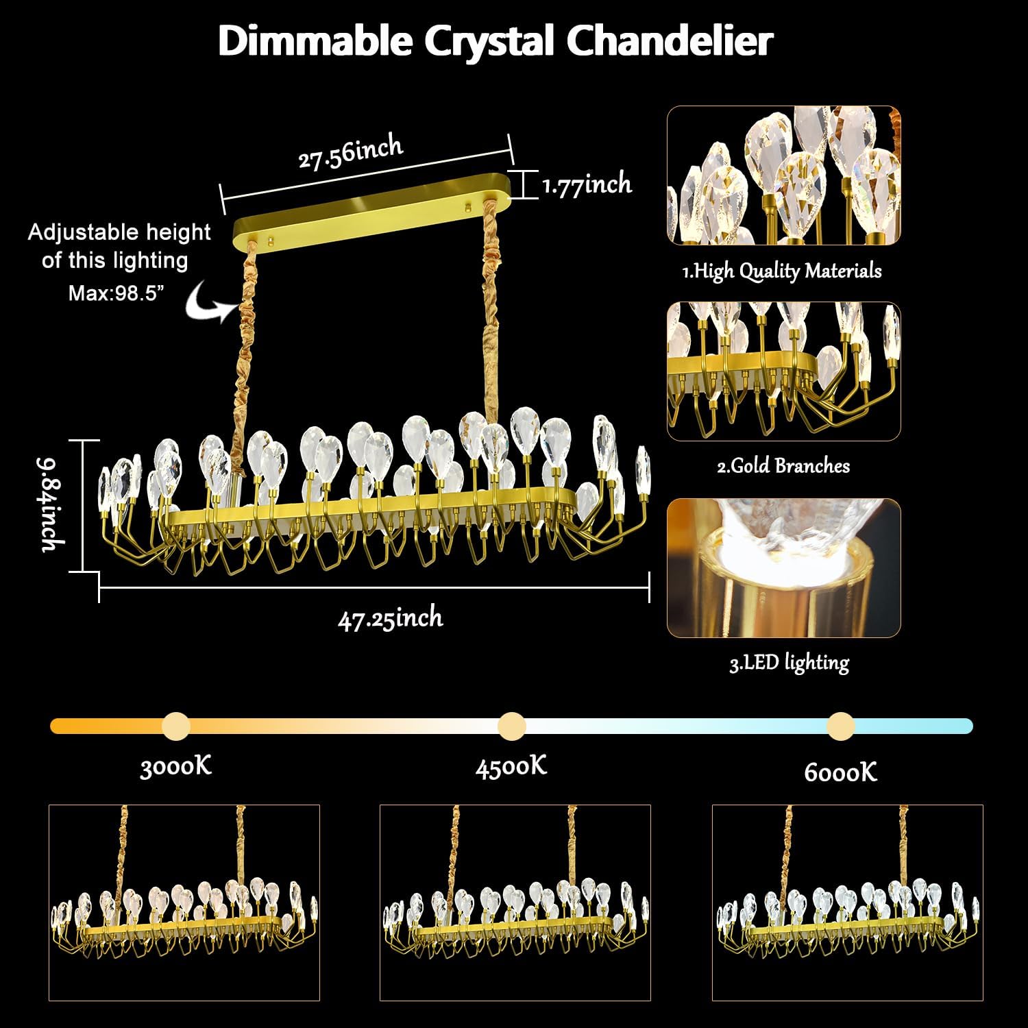 44 Light Gold Chandelier 47.25'' Large Crystal Chandeliers for High Ceiling Dining Room Modern Classic Chandelier Light Fixture for Large Living Room Foyer Stairs Entry Restaurant Hotel