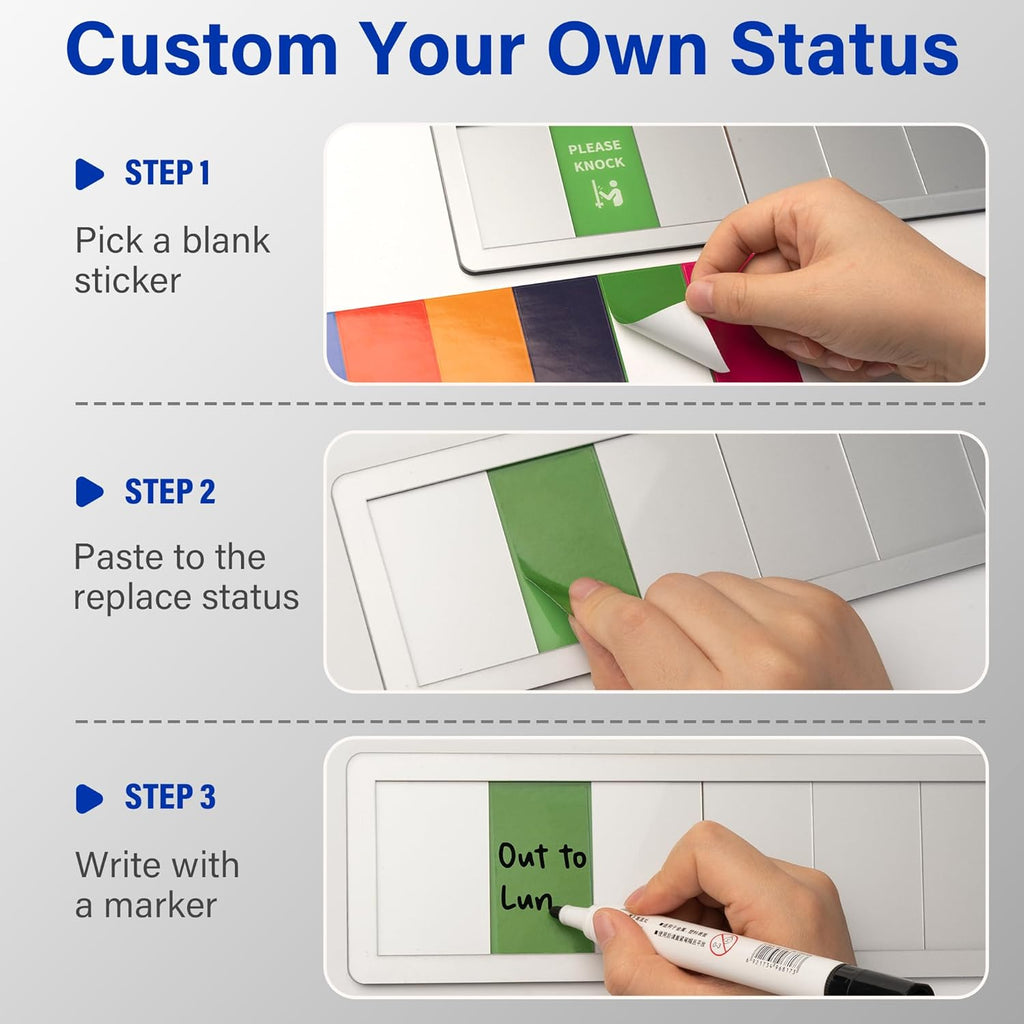Office Door Signs with 6 Printed Status Options – Do Not Disturb, Out of Office, In a Meeting, Please Knock, Work from Home, Back Soon – Includes Custom Personalized Blank Sticker for Privacy Workspace or Studio Available and Away