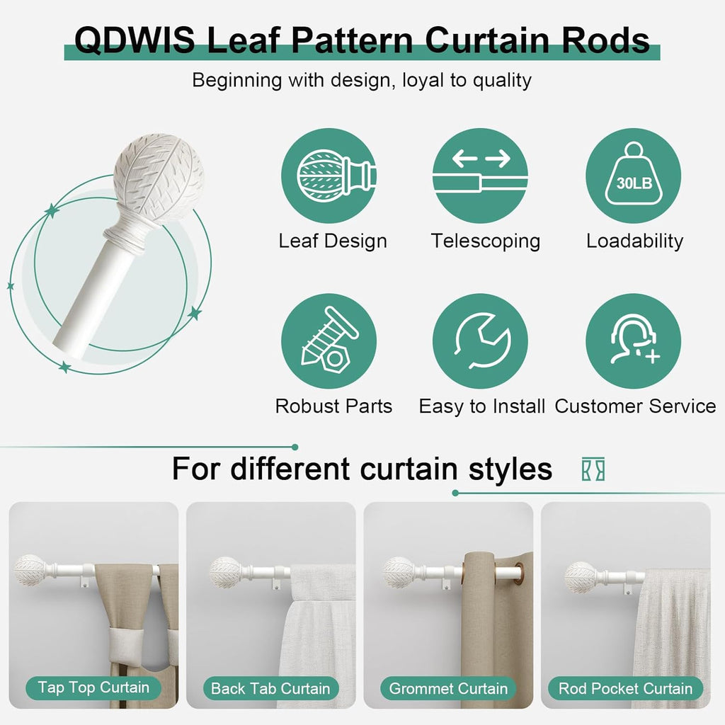2 Pack Antique White Ball Curtain Rods for Windows 48 to 84 Inch,1 Inch Heavy Duty Adjustable Curtain Rod,Boho Decorative Drapery Rods Set with Brackets,Size:36''-88''
