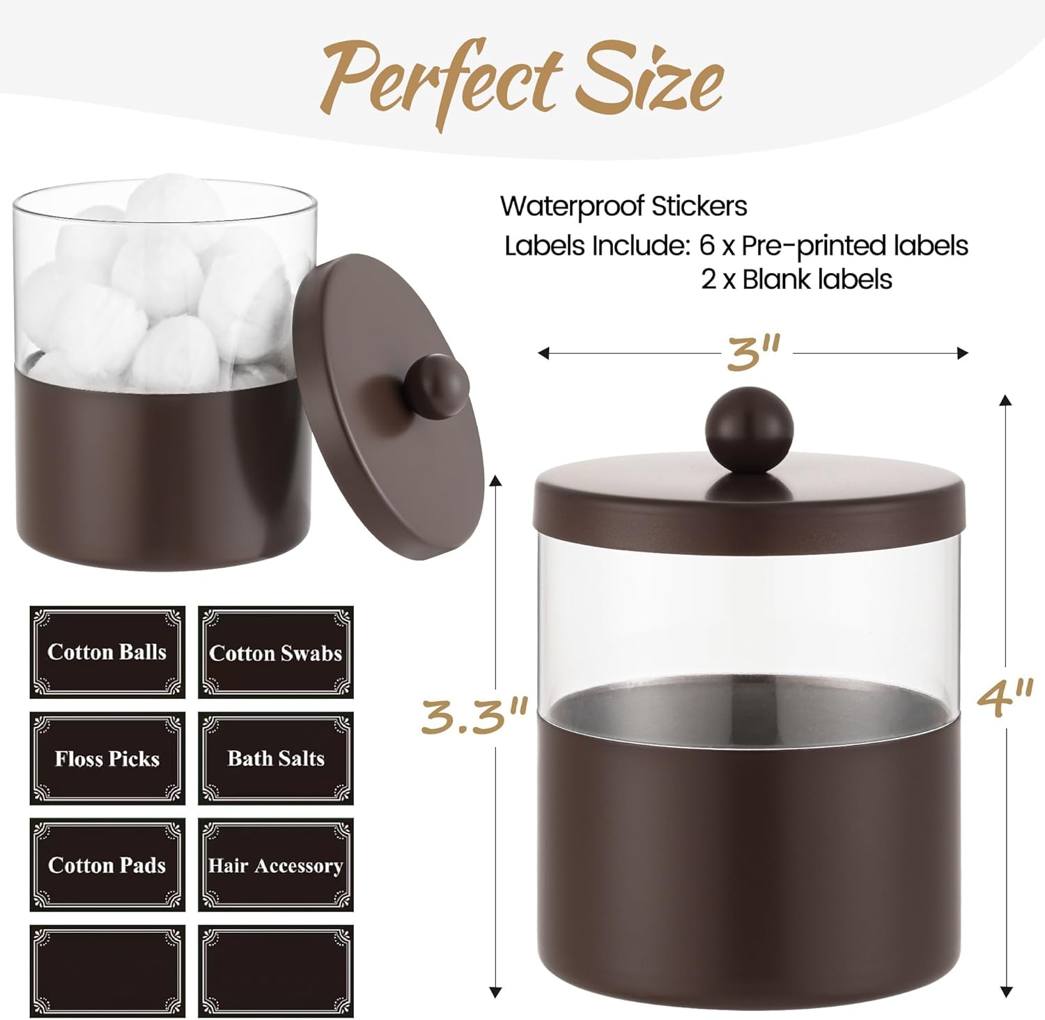 Gaussra Bronze Qtip Holder, Bathroom Jar - Stainless Steel Apothecary Jars with Stickers - Farmhouse Decor Qtip Dispenser for Qtips, Cotton Balls, Swabs, Makeup Sponges (2-Pack)