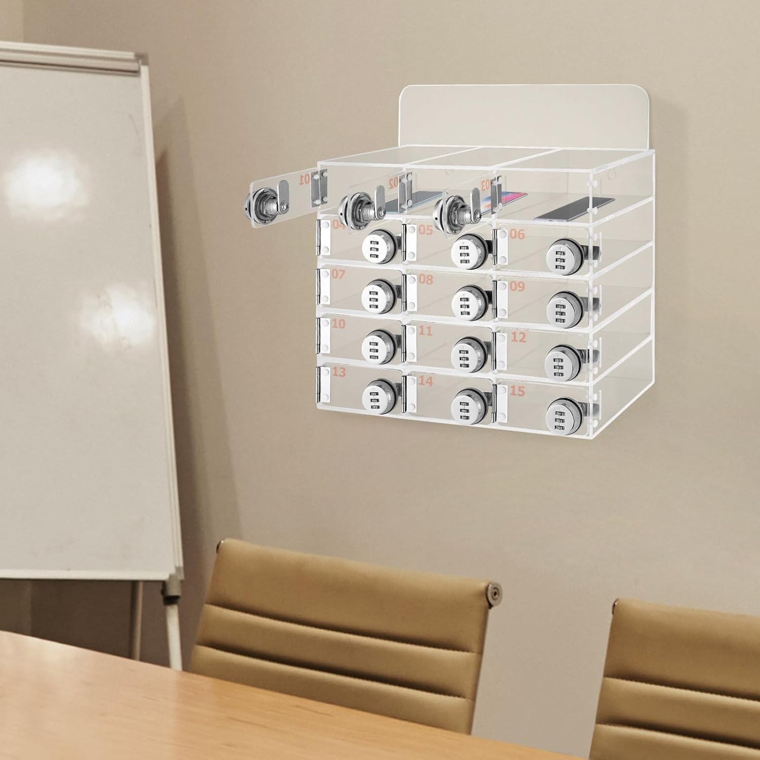 Cell Phone Storage Locker, 15 Slots Acrylic Material with Door Locks and Keys, Wall-Mounted Cabinet Pocket Office Classroom Gym Box, Clear