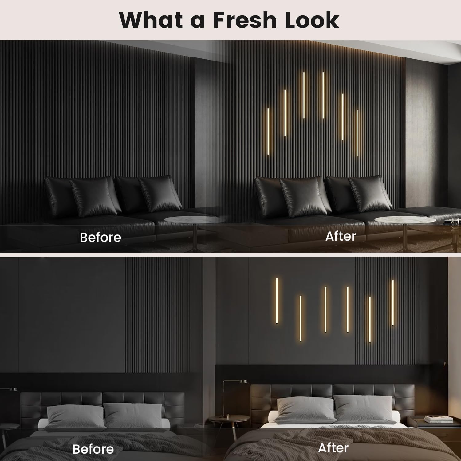 Wall Led Lights - GloryAir 6pcs Black 3000K Warm White Led Panel Light Strips, Self-Adhesive Dimmable Touch Switch Wall Slat Lights for Wood Slat, Fluted Panel, Bedroom Headboard