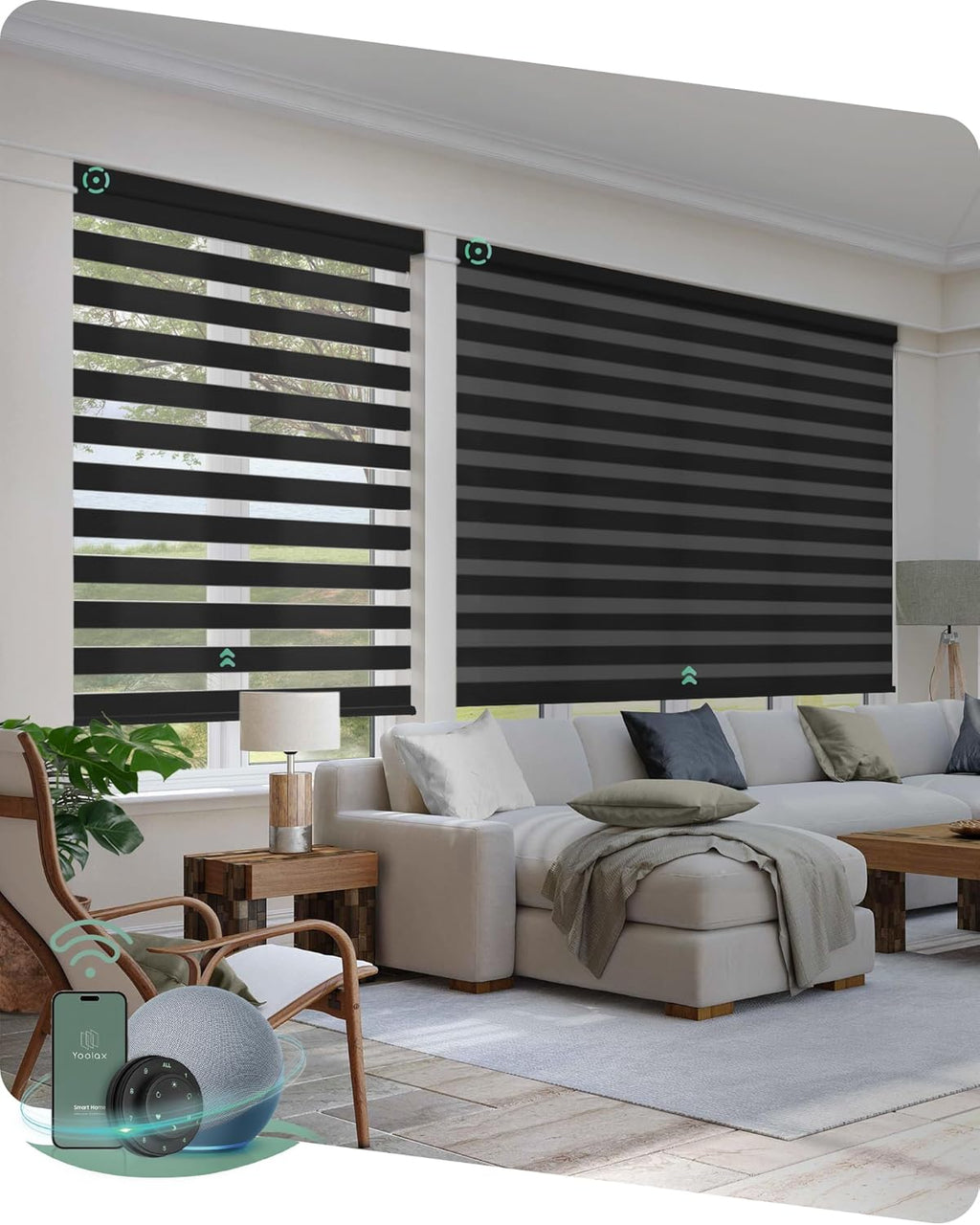 Yoolax Motorized Zebra Blinds Compatible with Alexa, Smart Dual Layer Shades with Privacy Light Control, Electric Horizontal Window Blind Customized Size for Home Office (70% Shading - Wool Black)