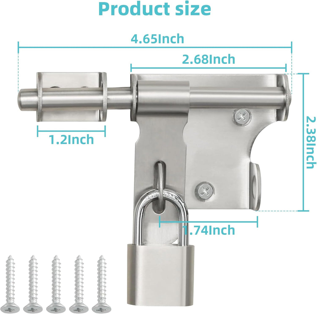 Alise 4 Inch Slide Bolt Gate Latch, Door Lock with Padlock Set, Heavy Duty Stainless Steel Barrel Bolts Safety Door Lock for Wooden Fence, Outdoor Fence,Shed Door Brushed Finish
