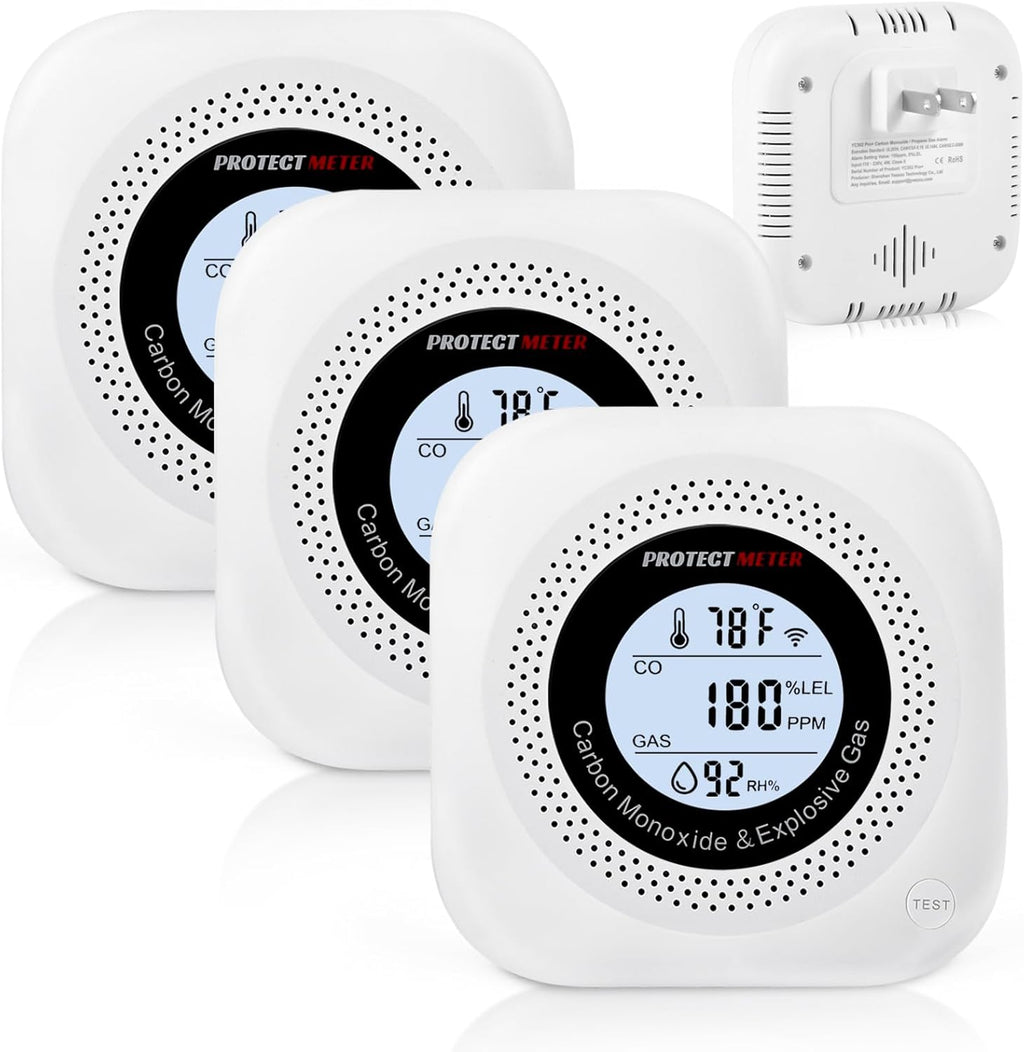 Carbon Monoxide Detectors, 3Pack 4-in-1 Natural Gas Leak Detector & Temperature/Humidity Monitor