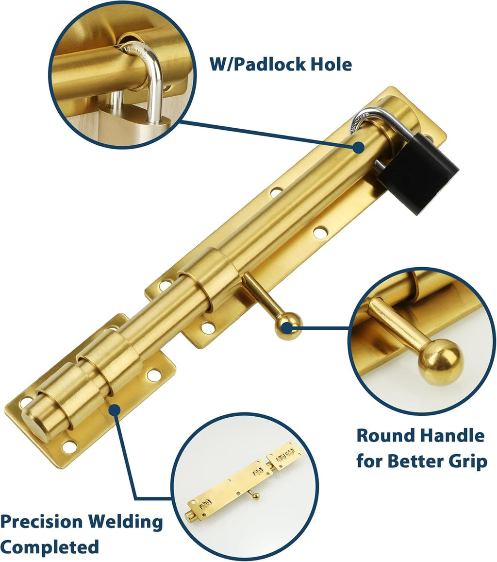 Alise 10 inch Barrel Bolt Latch,Slide Bolt Latch,Heavy Duty Solid SUS304 Stainless Steel Slide Lock for Wooden Fence,Barn Door,Interior or Outdoor Door Gold MS9200-G