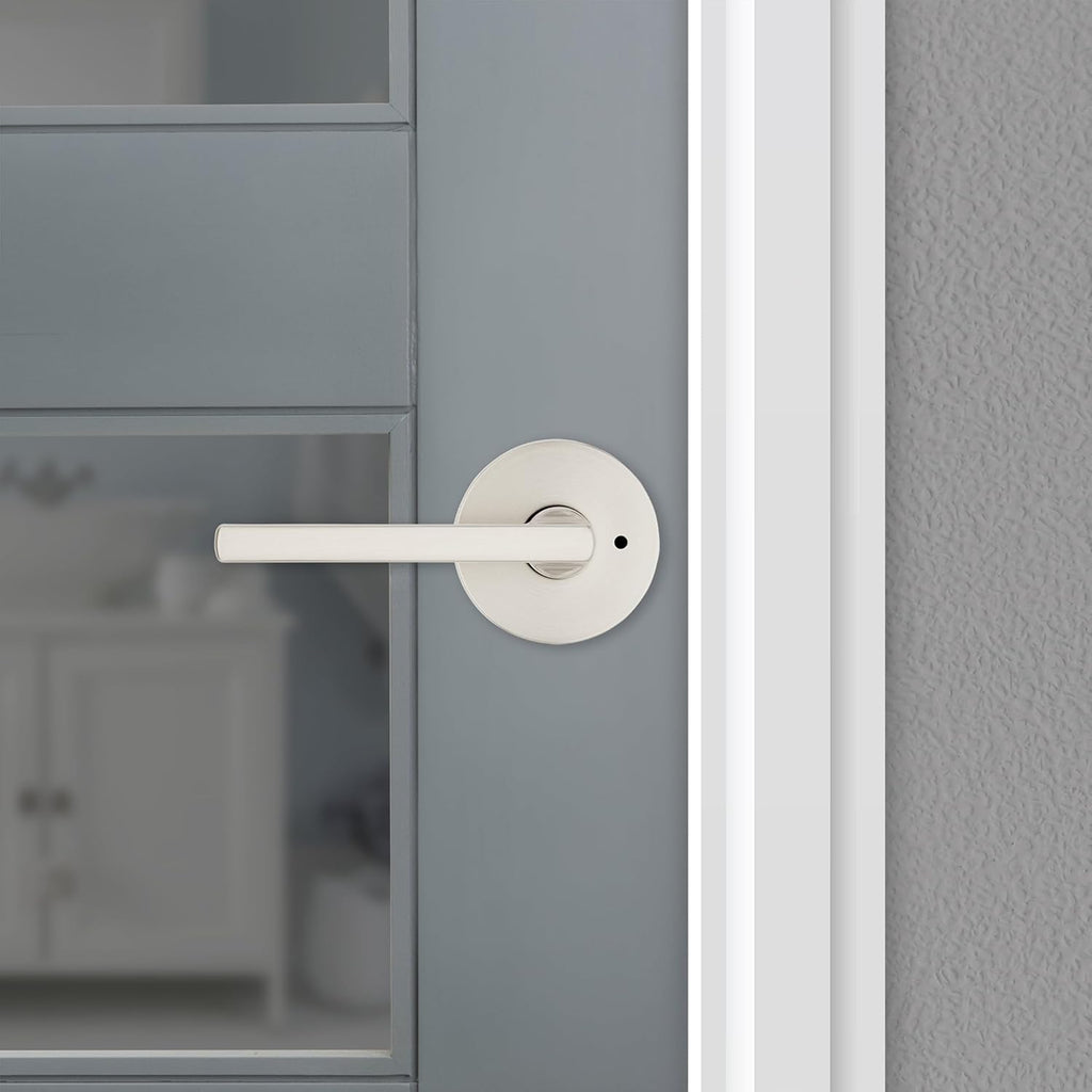 Kwikset Halifax Interior Privacy Door Handle with Lock, Round Lever for Bathroom and Bedroom, Satin Nickel Reversible Keyless Push Button Lock Door Lever, with Microban Protection