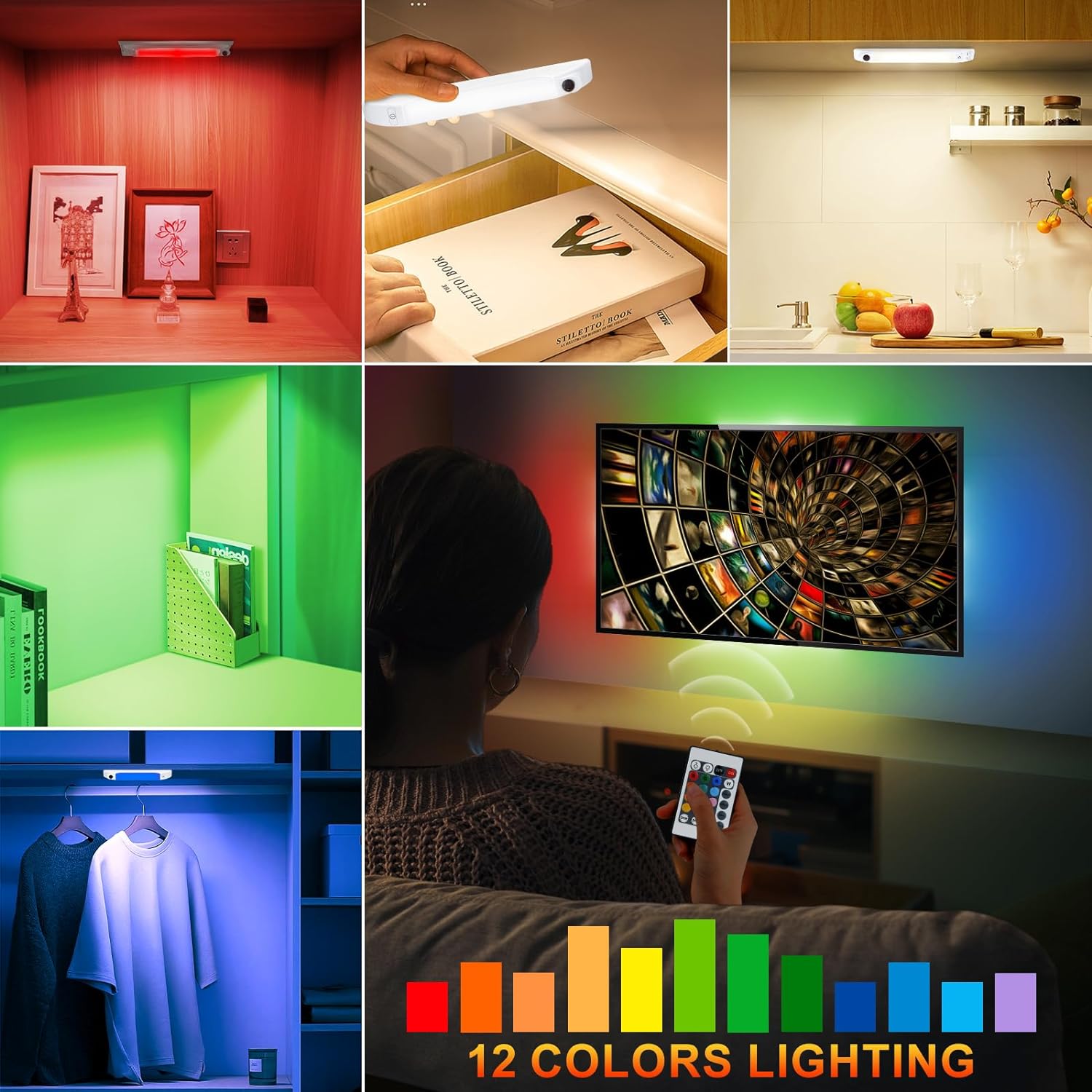 LUXSWAY LED Under Cabinet Light with Remote, Battery Operated Colors Changing Lighting with Timer, Dimmable Light Bar, LED RGB Closet Light for Kitchen, Cupboard, Display Shelf