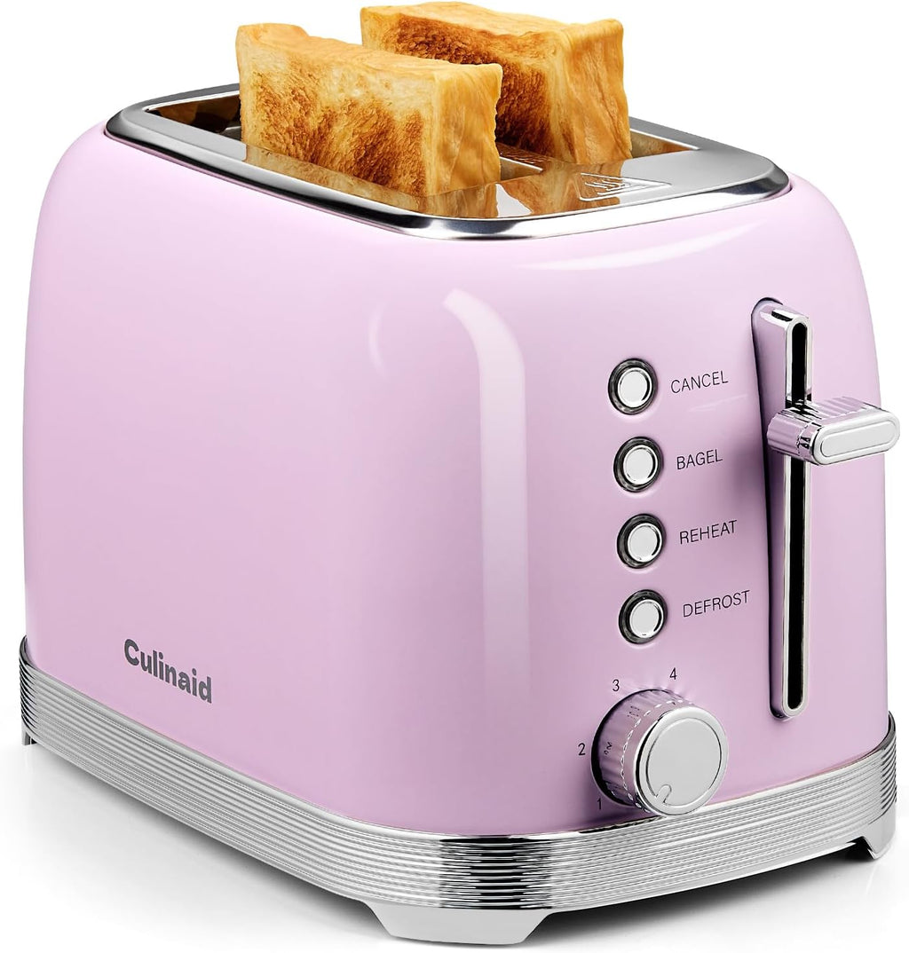 Toaster 2 Slice Retro Stainless Steel with 1.5” Extra Wide Slots Bagel, Defrost, Reheat, Cancel Functions, 6 Bread Shade Settings, Removable Crumb Tray, Pastel Pink