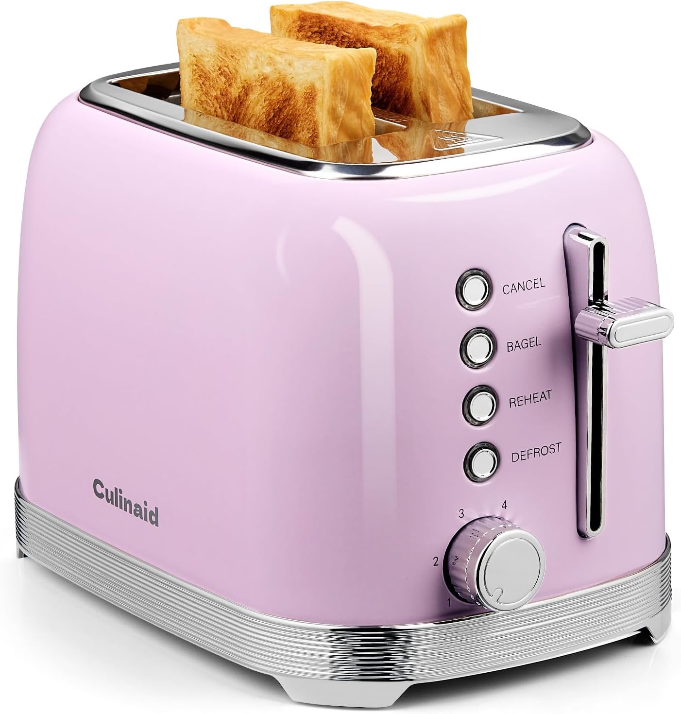 Toaster 2 Slice Retro Stainless Steel with 1.5” Extra Wide Slots Bagel, Defrost, Reheat, Cancel Functions, 6 Bread Shade Settings, Removable Crumb Tray, Pastel Pink