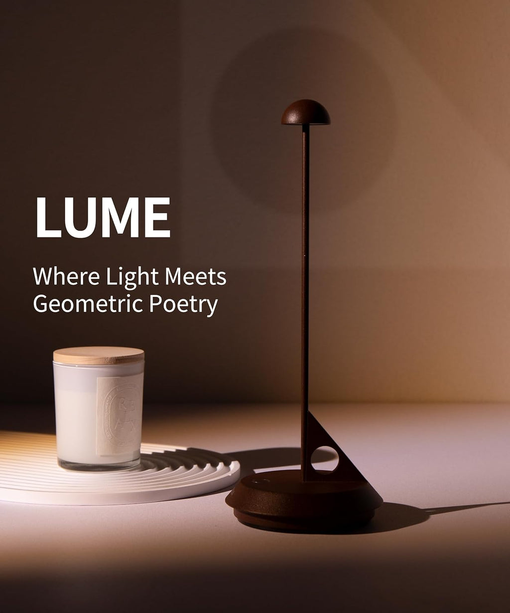 Cordless Table Lamp - LUME, Geometric Aesthetics, Magnetic Charging, Dimmable & Adjustable Lighting, IP65- Portable Rechargeable LED Lamp for HoReCa, Bedroom, Living Room, Outdoor Use (Corten)