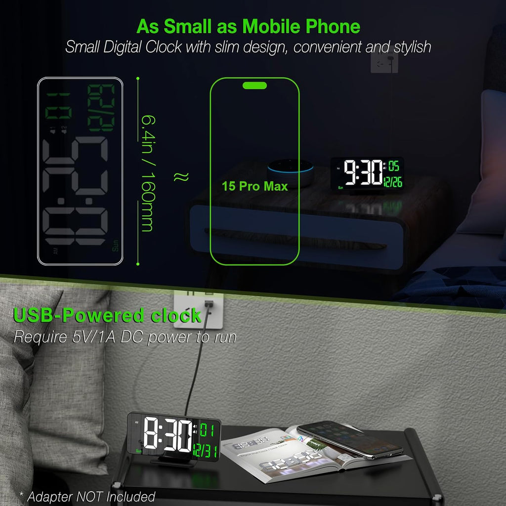 KOSUMOSU Desk Clock 6.7in Black Digital Alarm Clock with Dual Alarm, Dimming, Date, Day of Week, Temp, 12h 24h, Digital LED Clock for Table Decor, Digital Calendar Mirror Clocks Essentials