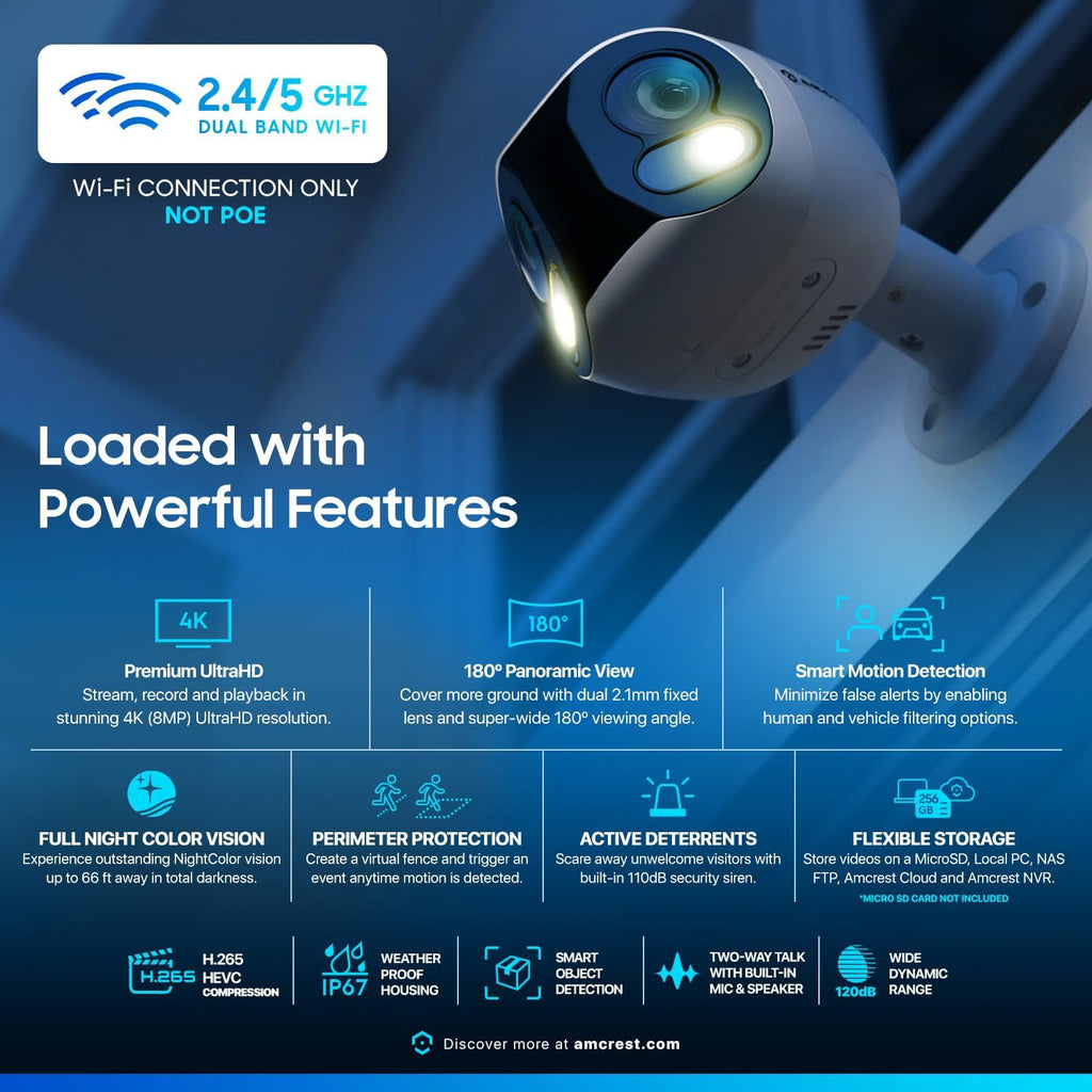 Amcrest Dual-Lens 4K (8MP) Outdoor Security WiFi Camera, 2 x 4MP Lenses WiFi AI Bullet IP Camera, Dual-Band 2.4Ghz & 5Ghz, Face Detection, Panoramic 180° FOV, 4K@15fps IP8M-DLB2998W-AI (White)