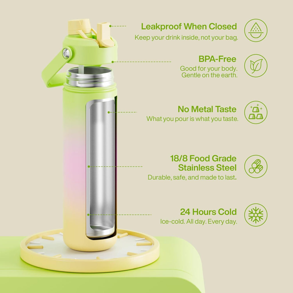 ENCOOL Insulated Water Bottle with Straw Stainless Steel Water Bottle, Leak-Proof, BPA-Free, Double Wall Vacuum Keeps Cold for 24 Hours for Sports, Travel, School (26 oz, Morning Dew)