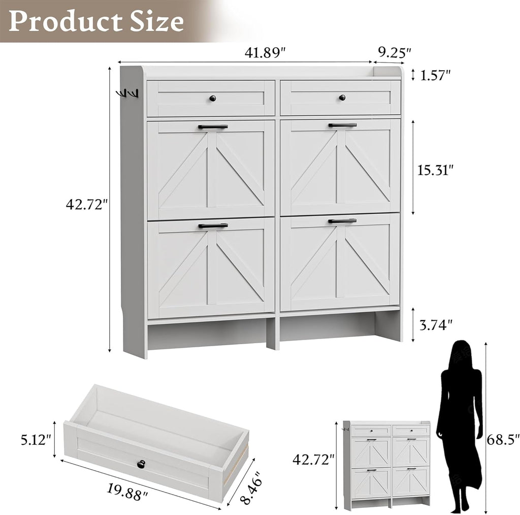 Shoe Storage Cabinet for Entryway, Farmhouse Wide Shoe Cabinet with 4 Flip Drawers and 2 Top Drawers, Freestanding Organizer with Adjustable Shelves, Hooks, and Anti-Tip Kit for Hallway