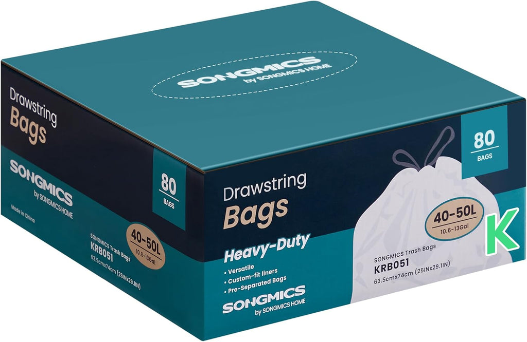 SONGMICS Trash Bags for 13-Gallon (50 L) Trash Cans, Drawstring Kitchen Garbage Bags, Pre-Separated, Quick-Dispense Box, Liner Code K, 2 Rolls, 80 Count, White UKRB051A02